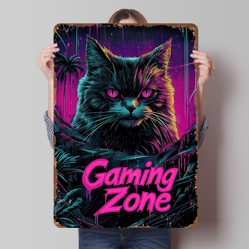 Retro Gaming At - Plaque Métallique Gaming Cat Personnalisée, Décoration